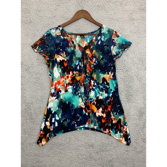 SUSAN LAWRENCE Small (S) Vibrant Multicolor Ruffle Capped Sleeve Top Blouse - Picture 1 of 8